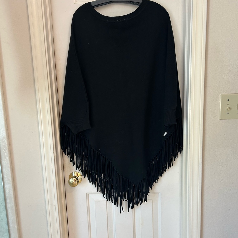 Calvin Klein Black Sweater Poncho Fringed with Sleeves, One Size Fits All - Picture 11 of 13